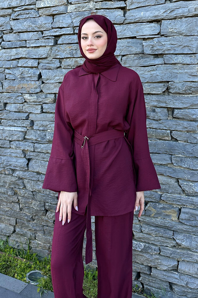 Kemerli Pamuklu Takım - Bordo - 2