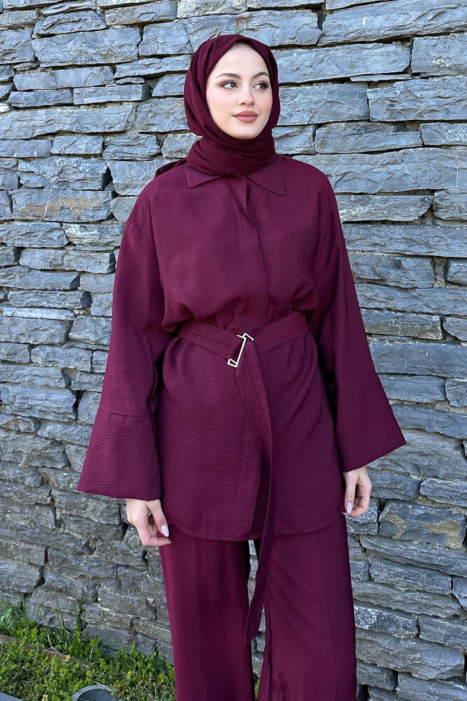 Kemerli Pamuklu Takım - Bordo - 5