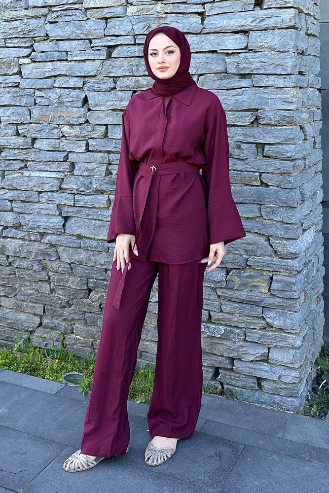 Kemerli Pamuklu Takım - Bordo - 3