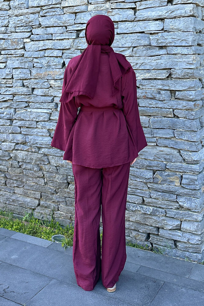 Kemerli Pamuklu Takım - Bordo - 8