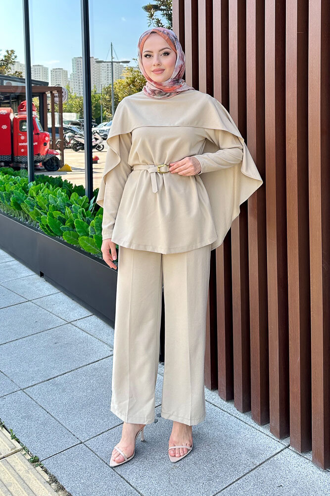 Kemerli Pelerinli Takım - Bej - LİNE (2)