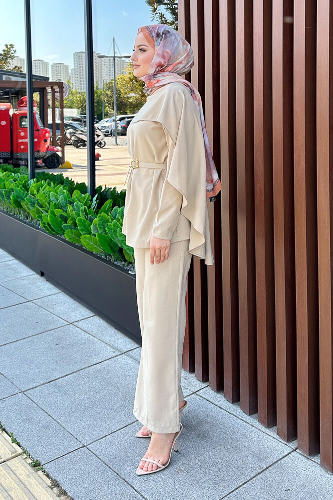 Kemerli Pelerinli Takım - Bej - LİNE (1)