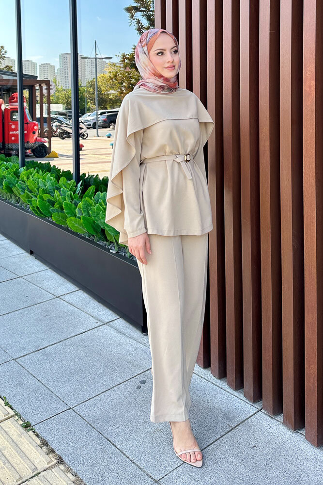 Kemerli Pelerinli Takım - Bej - LİNE (4)