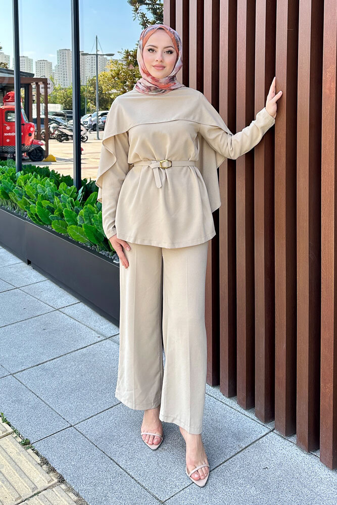 Kemerli Pelerinli Takım - Bej - LİNE (0)