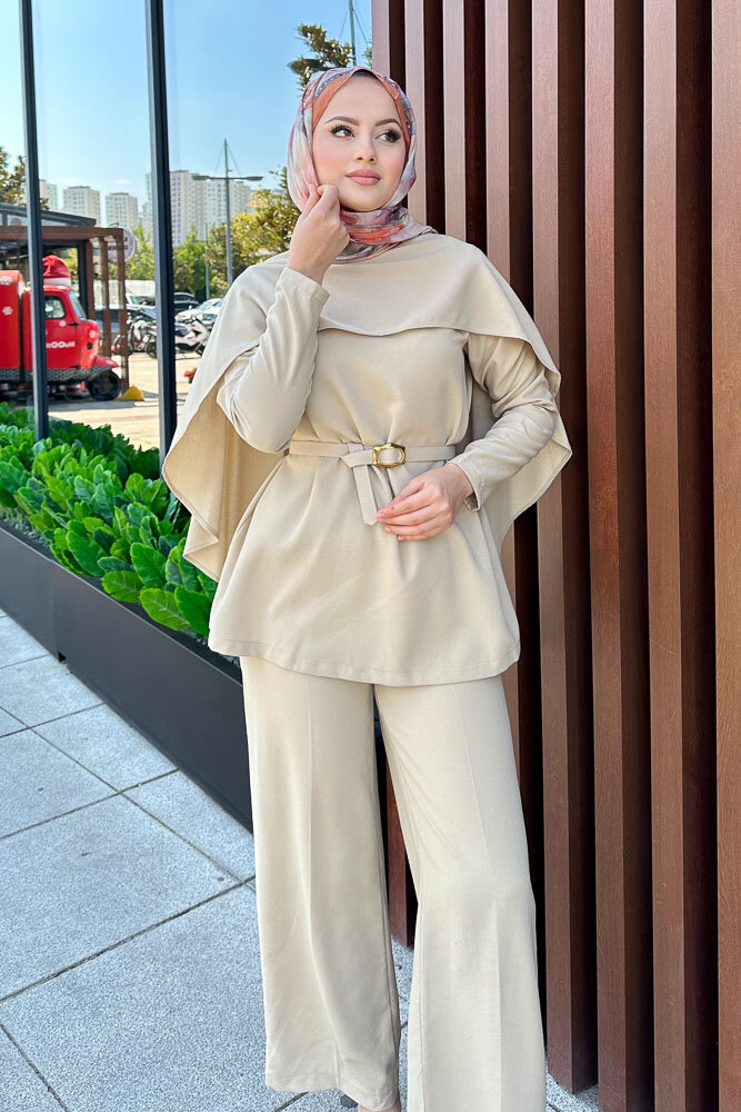 Kemerli Pelerinli Takım - Bej - LİNE (5)