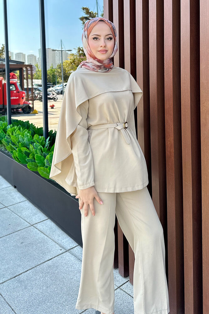 Kemerli Pelerinli Takım - Bej - LİNE (3)