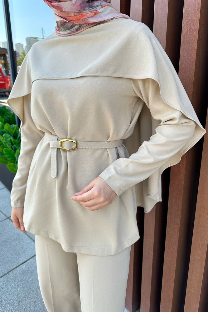 Kemerli Pelerinli Takım - Bej - 7