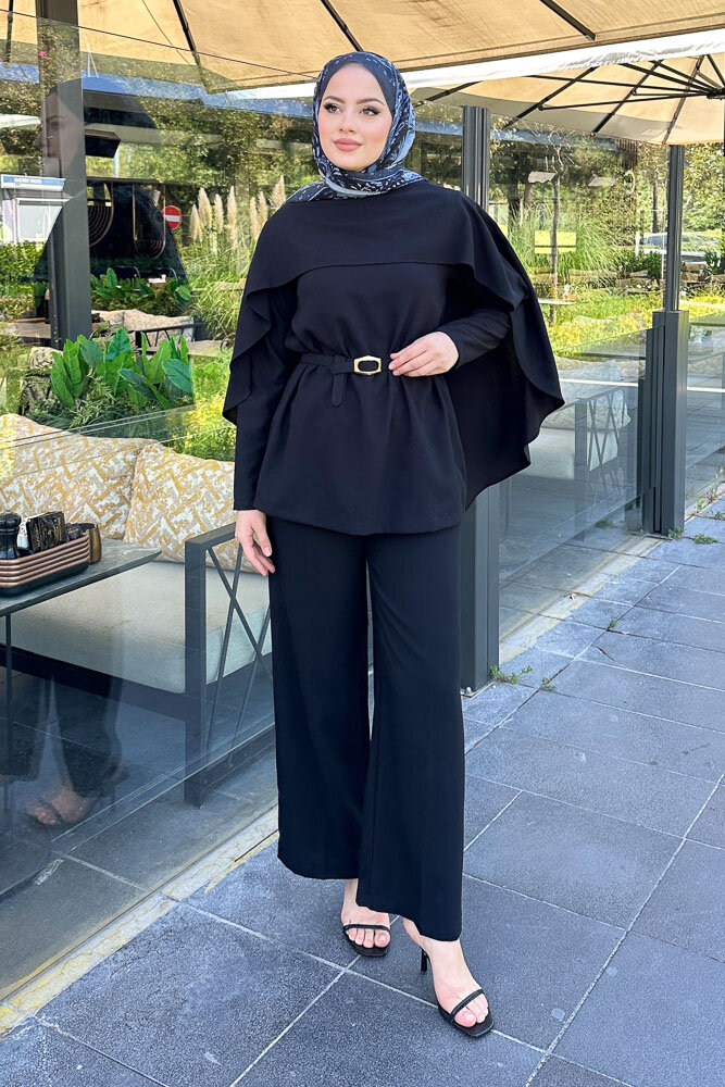 Kemerli Pelerinli Takım - Siyah - 3