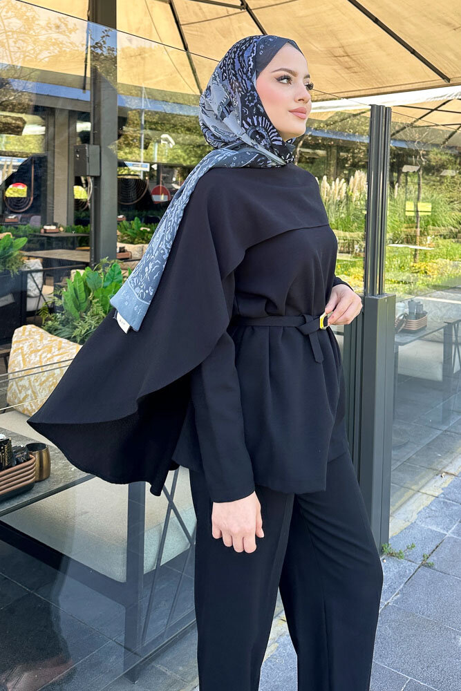 Kemerli Pelerinli Takım - Siyah - 2