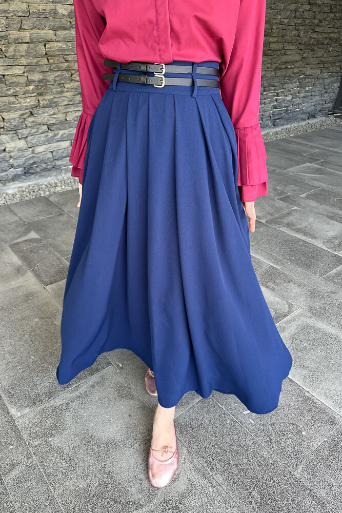 Kemerli Pileli Etek - Lacivert - PUANE (4)