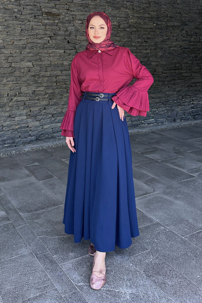 Kemerli Pileli Etek - Lacivert - PUANE (3)