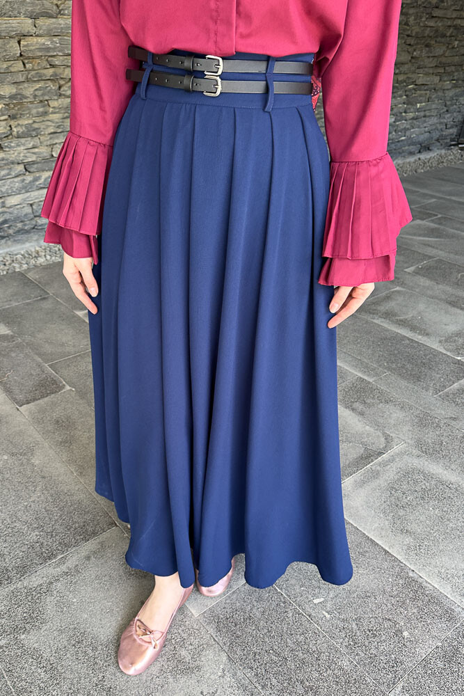 Kemerli Pileli Etek - Lacivert - PUANE (1)