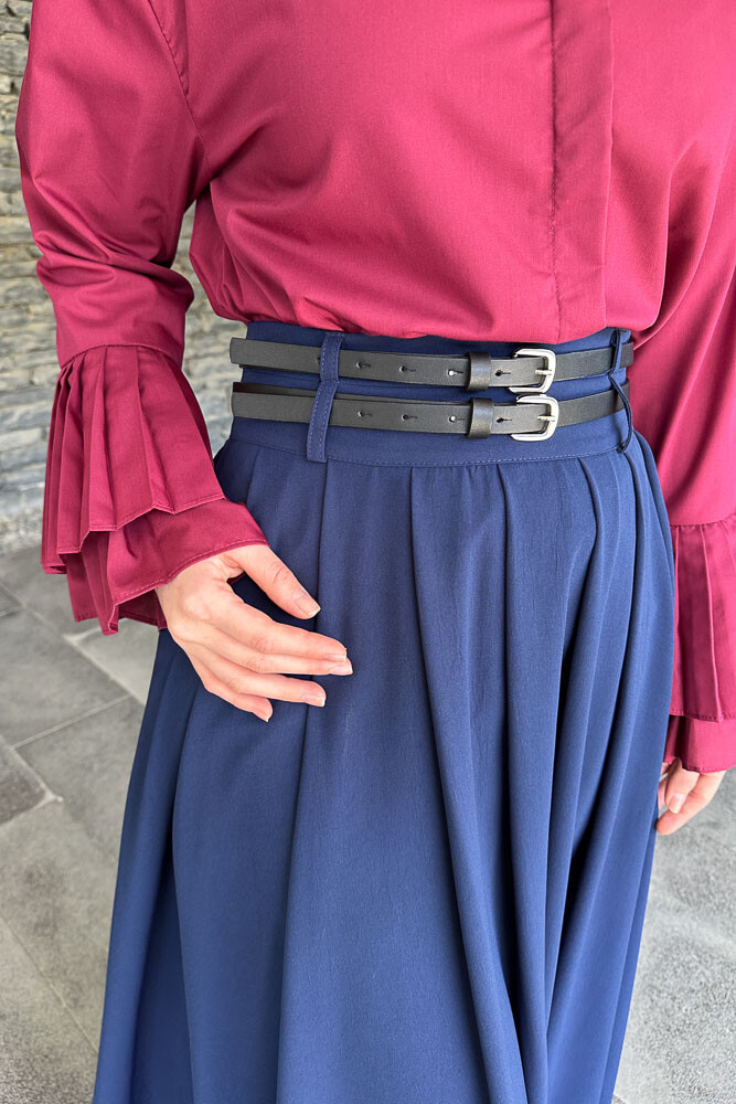 Kemerli Pileli Etek - Lacivert - PUANE (2)