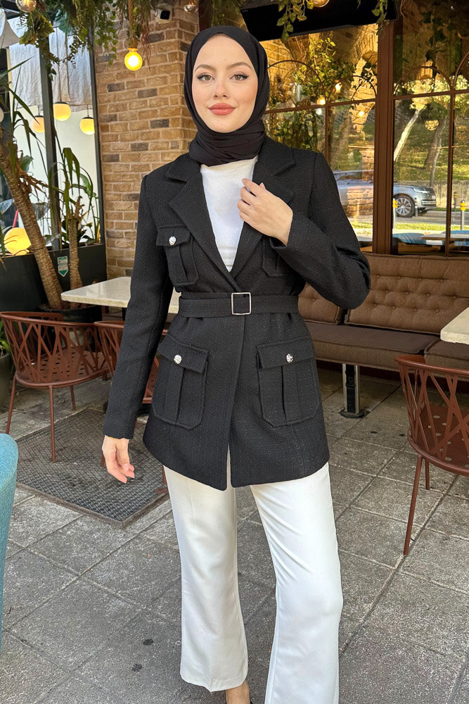 Kemerli Tüvit Ceket - Siyah - 2