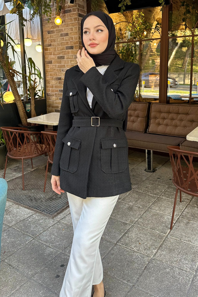 Kemerli Tüvit Ceket - Siyah - 3