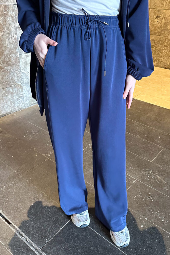 Kesik Detaylı Bol Paça Pantolon - Lacivert - İKOL (2)