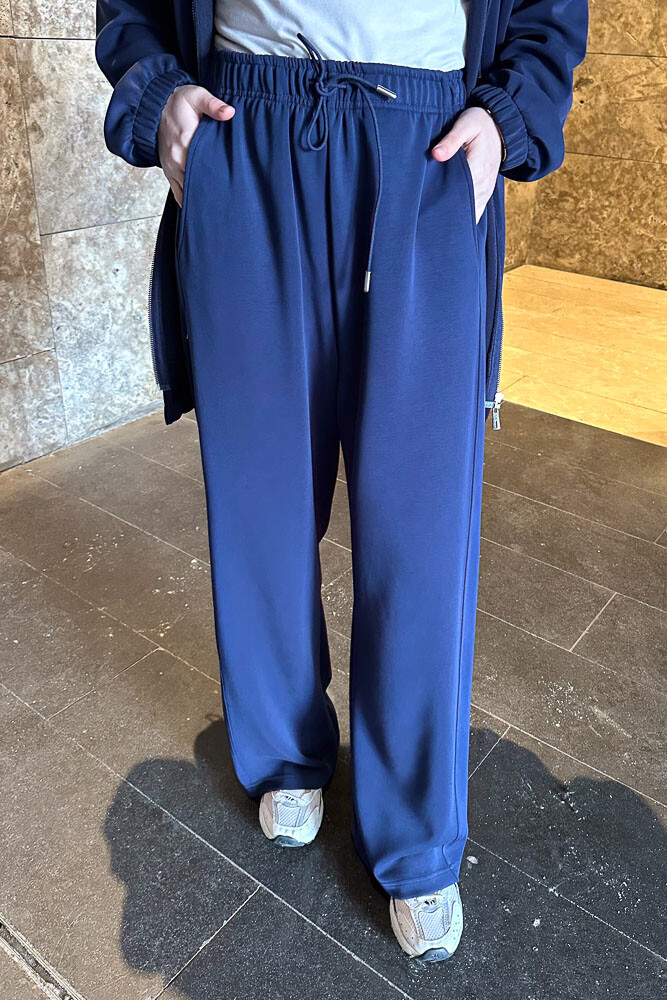 Kesik Detaylı Bol Paça Pantolon - Lacivert - İKOL (3)