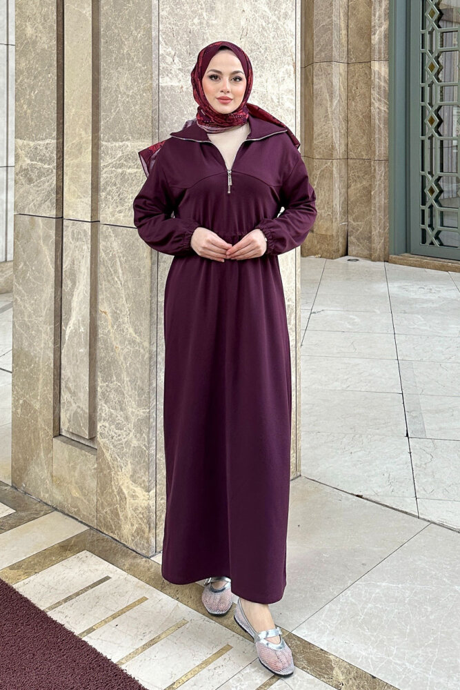 Kesik Detaylı Fermuarlı Yakalı Elbise - Bordo - İKOL (0)