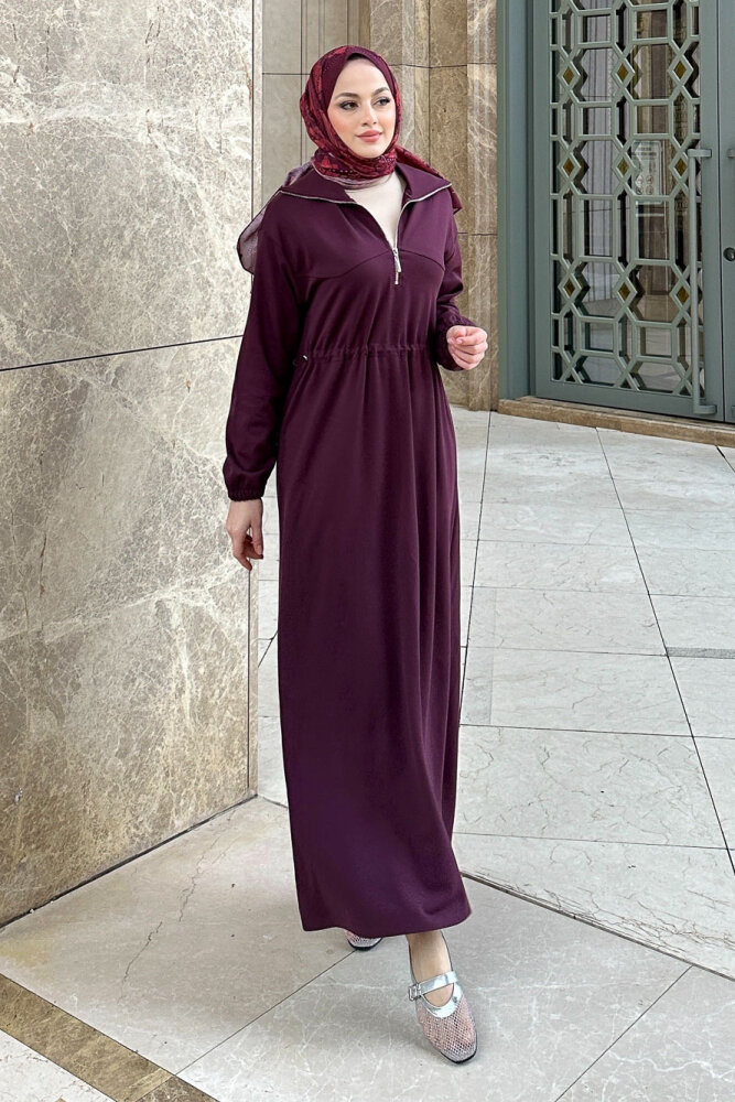 Kesik Detaylı Fermuarlı Yakalı Elbise - Bordo - İKOL (1)