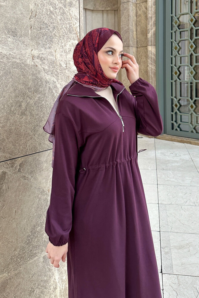 Kesik Detaylı Fermuarlı Yakalı Elbise - Bordo - 3