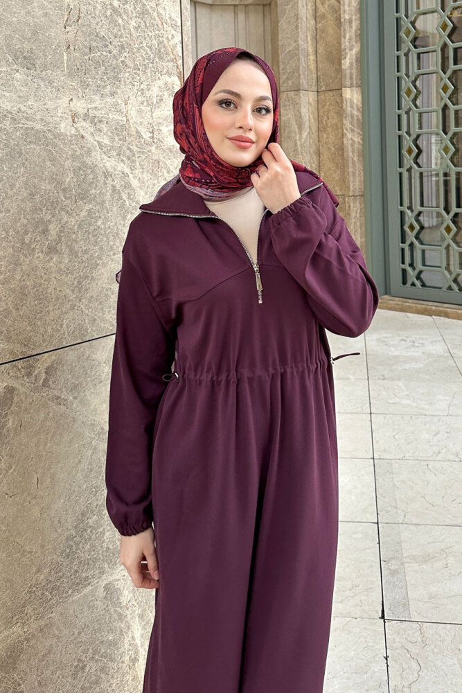 Kesik Detaylı Fermuarlı Yakalı Elbise - Bordo - 5