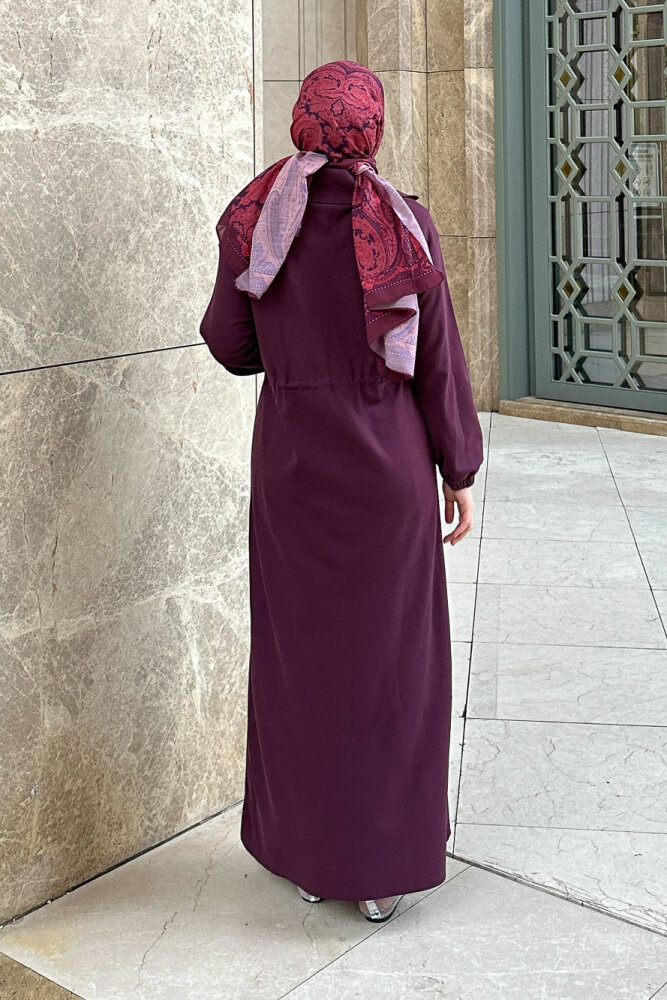 Kesik Detaylı Fermuarlı Yakalı Elbise - Bordo - 6