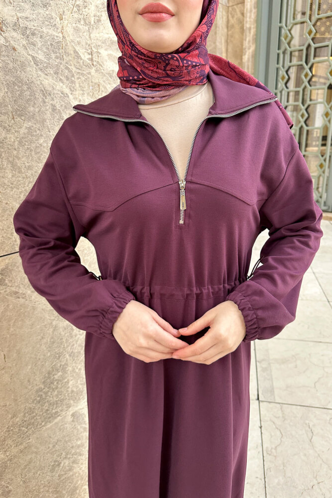 Kesik Detaylı Fermuarlı Yakalı Elbise - Bordo - 4