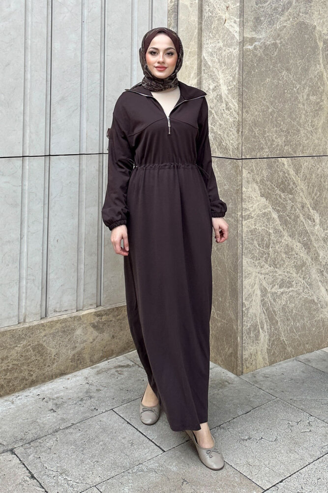 Kesik Detaylı Fermuarlı Yakalı Elbise - Kahverengi - İKOL (0)