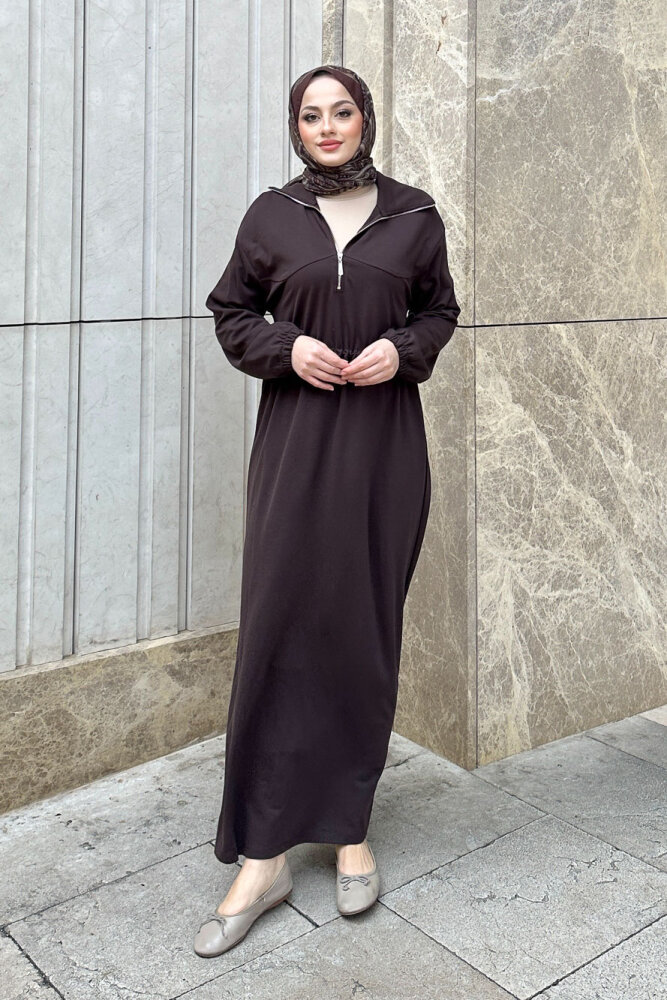 Kesik Detaylı Fermuarlı Yakalı Elbise - Kahverengi - İKOL (2)