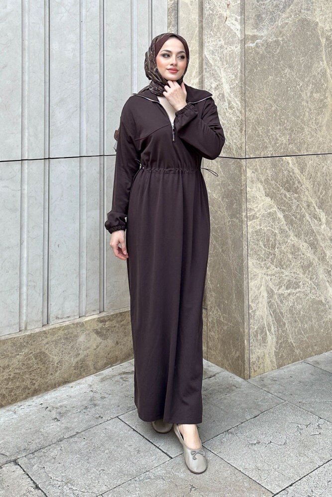 Kesik Detaylı Fermuarlı Yakalı Elbise - Kahverengi - İKOL (4)