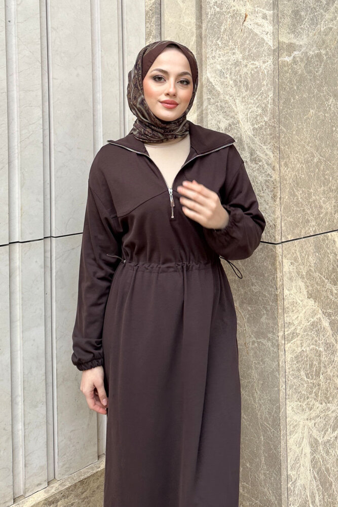 Kesik Detaylı Fermuarlı Yakalı Elbise - Kahverengi - 2