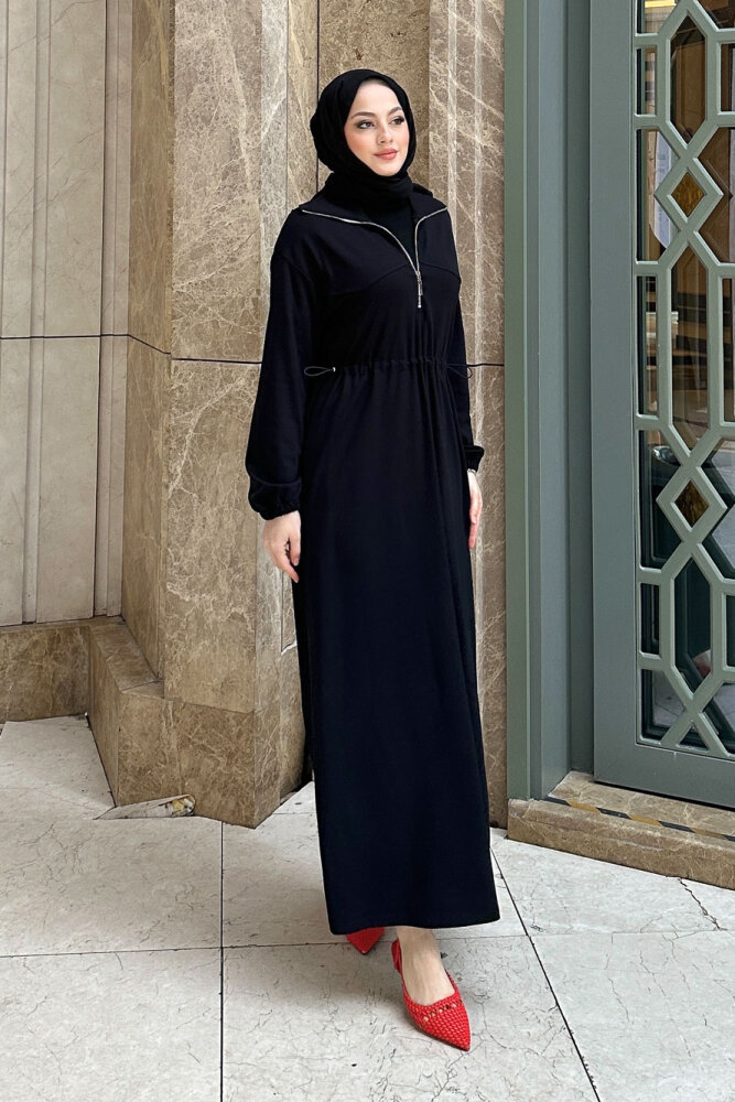 Kesik Detaylı Fermuarlı Yakalı Elbise - Siyah - 3