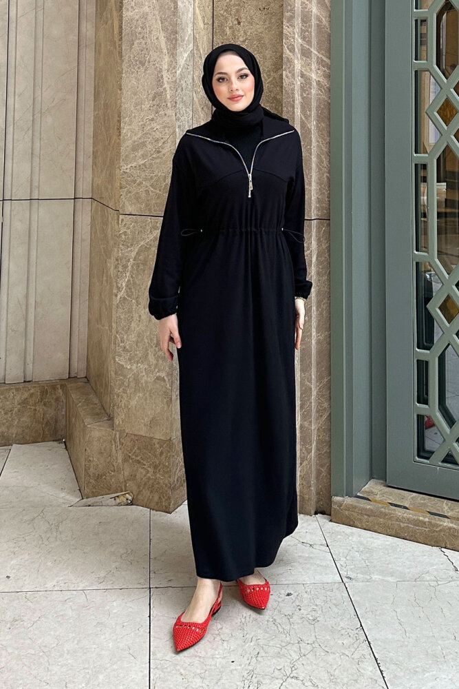 Kesik Detaylı Fermuarlı Yakalı Elbise - Siyah - 1