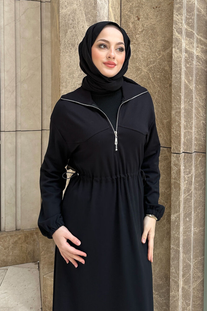 Kesik Detaylı Fermuarlı Yakalı Elbise - Siyah - 2