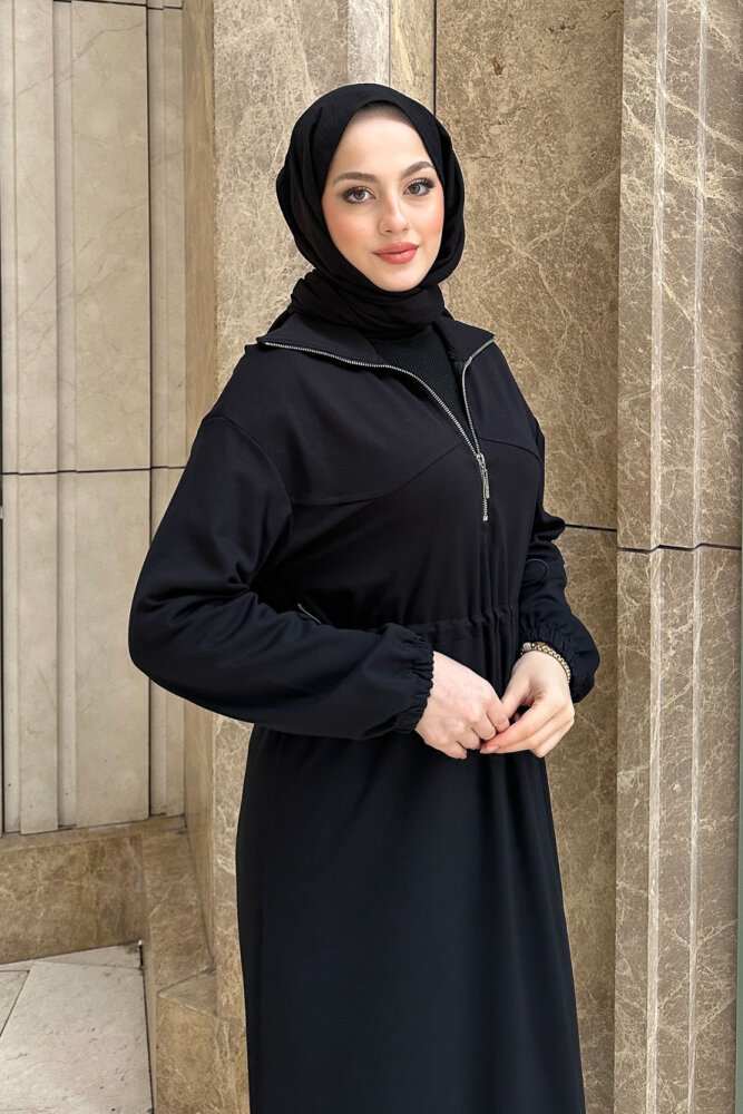 Kesik Detaylı Fermuarlı Yakalı Elbise - Siyah - 4