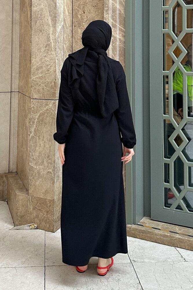 Kesik Detaylı Fermuarlı Yakalı Elbise - Siyah - İKOL (5)