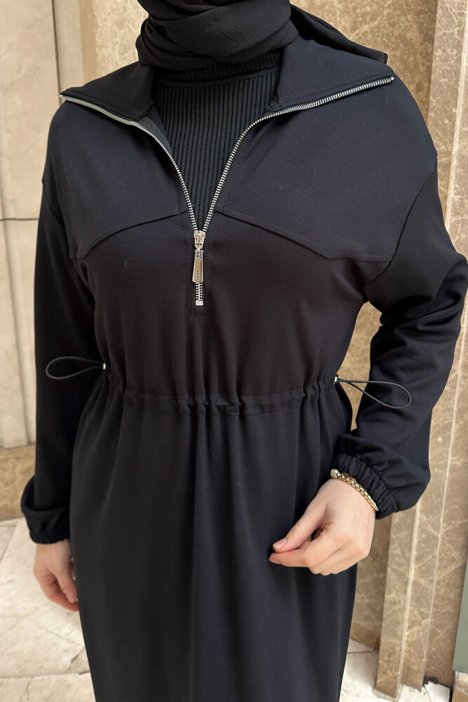 Kesik Detaylı Fermuarlı Yakalı Elbise - Siyah - İKOL (4)