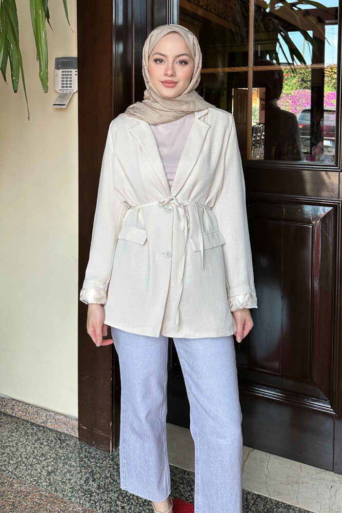Keten Astarlı Blazer - Bej - 4