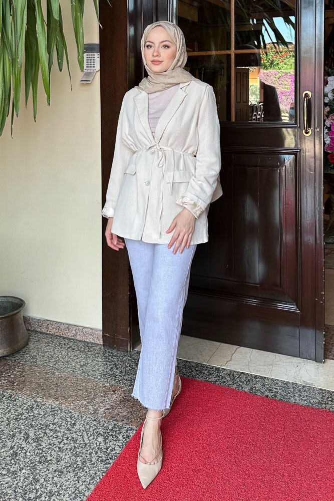 Keten Astarlı Blazer - Bej - 1