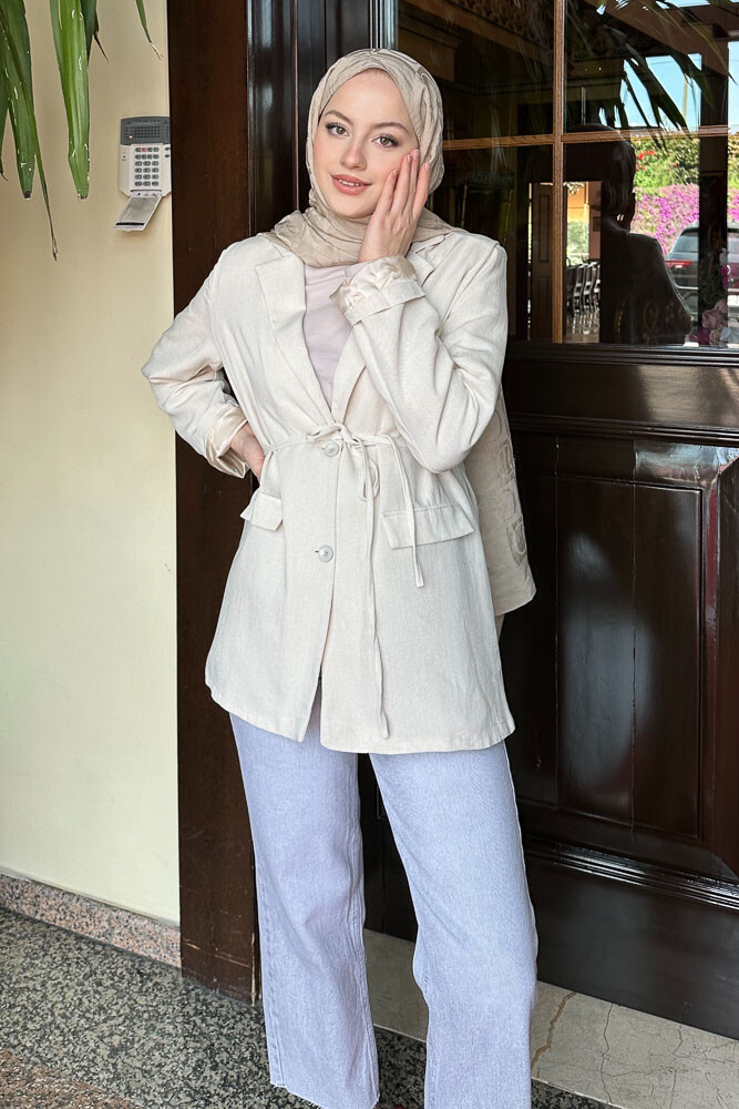 Keten Astarlı Blazer - Bej - 2