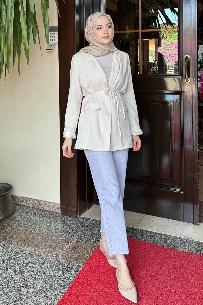 Keten Astarlı Blazer - Bej - 3