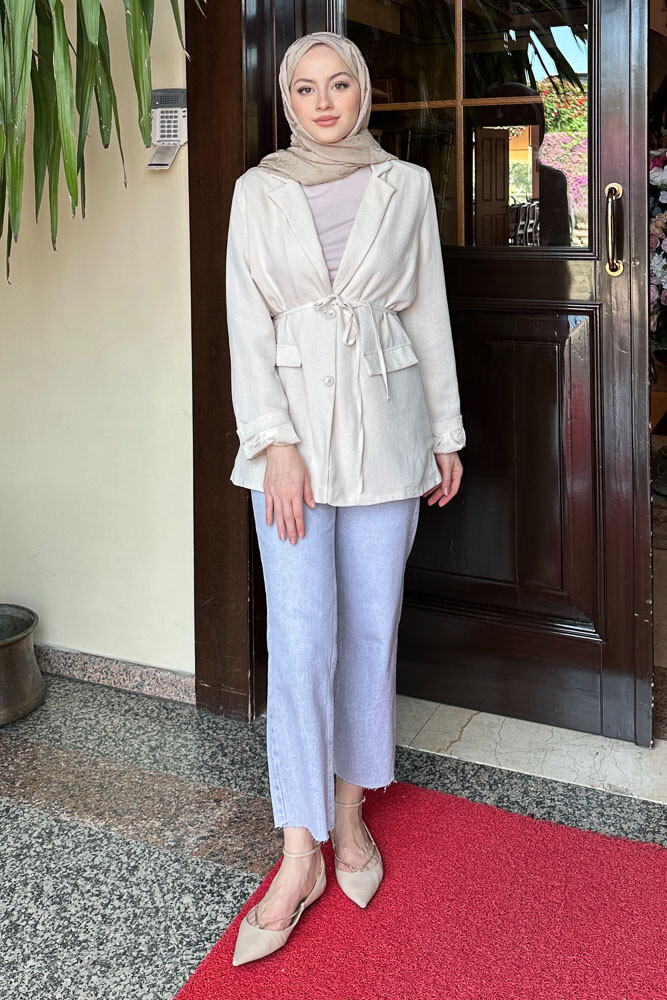 Keten Astarlı Blazer - Bej - 8