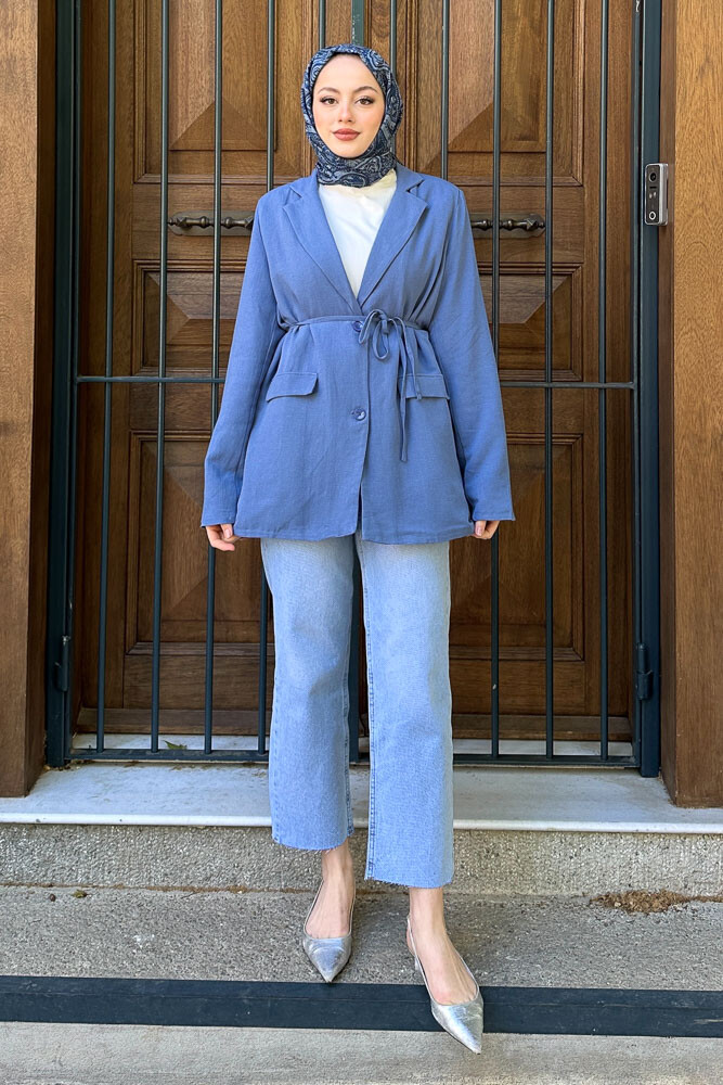 Keten Astarlı Blazer - İndigo - 4