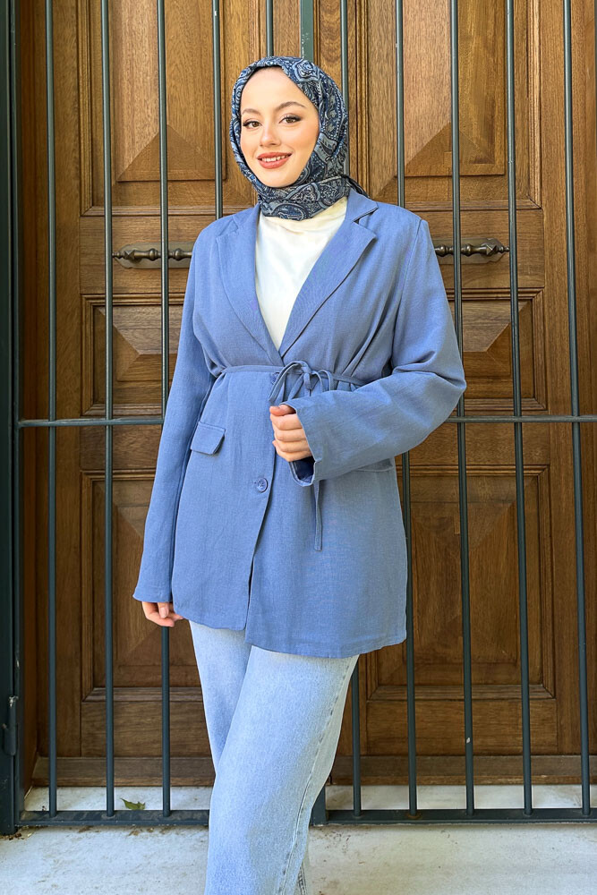 Keten Astarlı Blazer - İndigo - 5