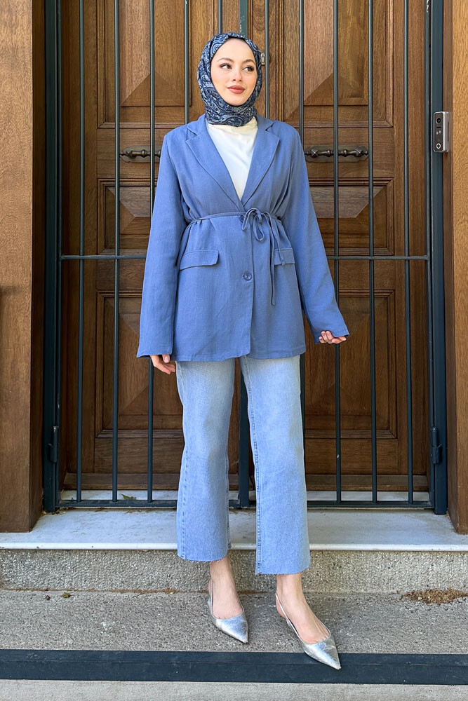 Keten Astarlı Blazer - İndigo - 1