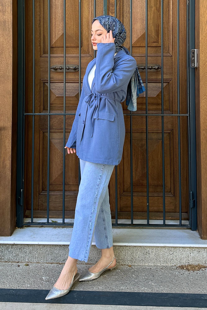 Keten Astarlı Blazer - İndigo - 6