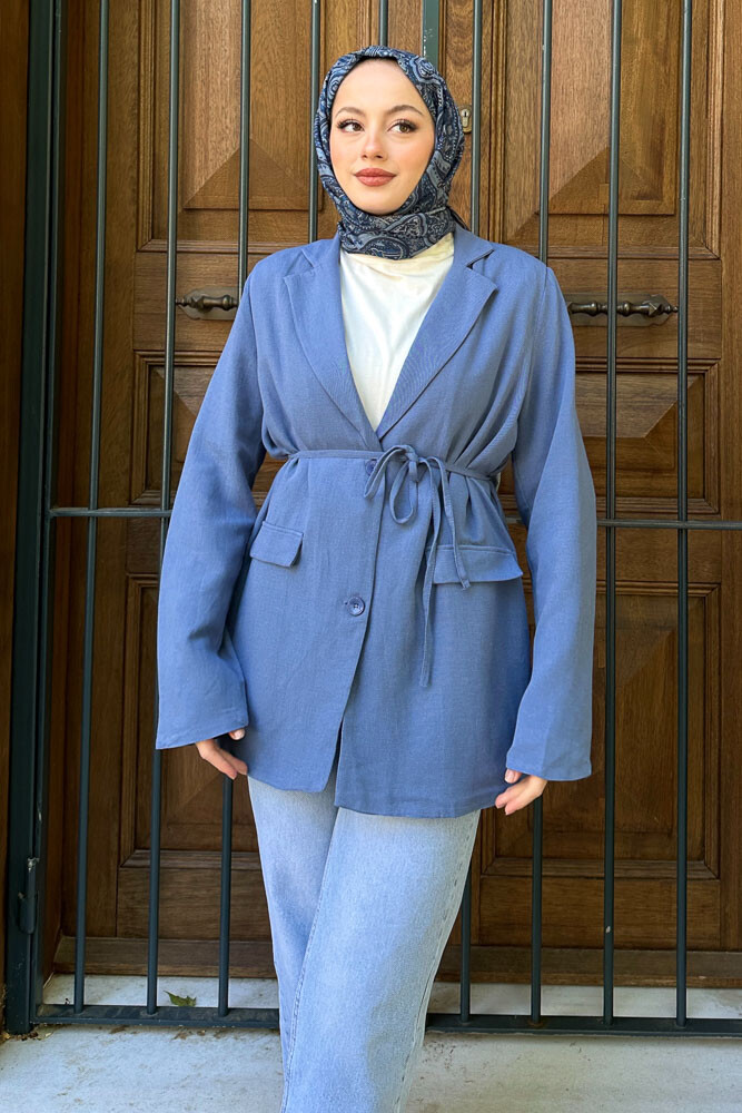 Keten Astarlı Blazer - İndigo - 3