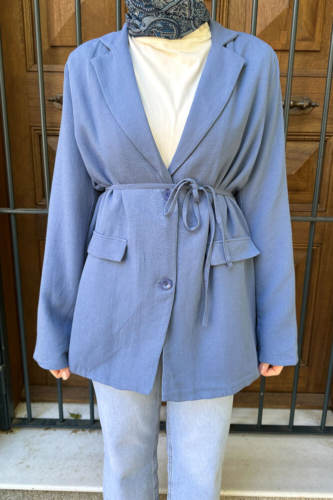 Keten Astarlı Blazer - İndigo - 7