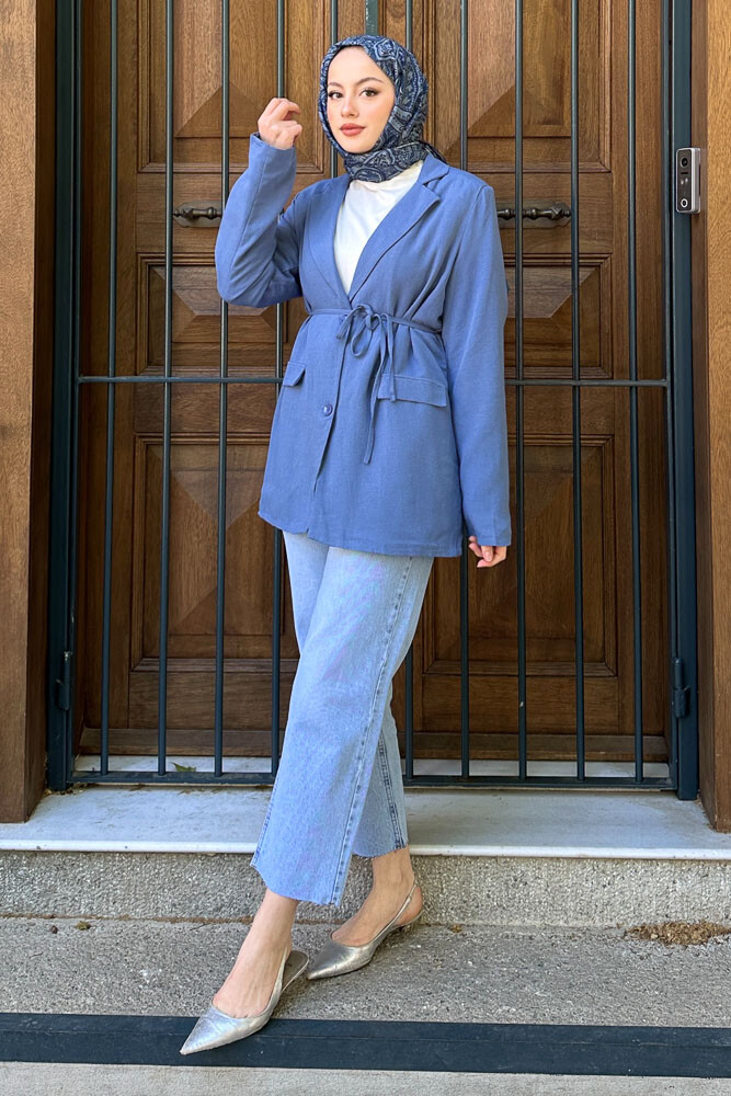 Keten Astarlı Blazer - İndigo - 2