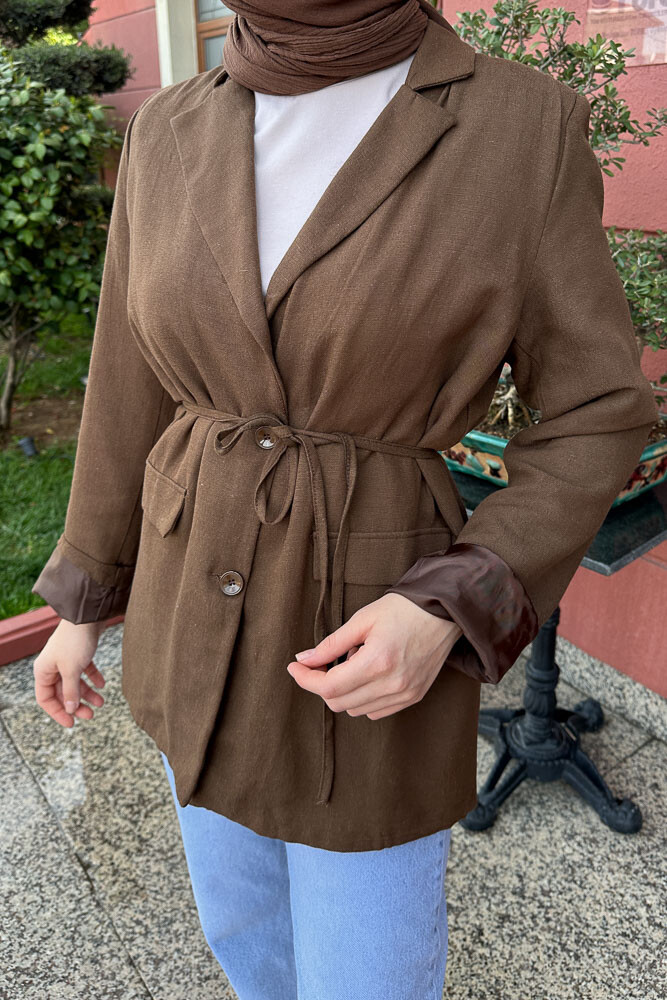 Keten Astarlı Blazer - Kahverengi - 6